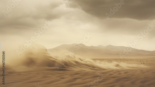 Dust storm rolling in over an arid landscape, natural sepia tones, texture in the swirling dust captured in high detail