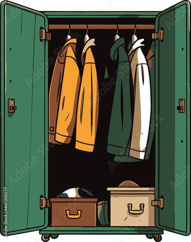Colorful vector illustration of a simplistic wardrobe, featuring elements of comic style and minimalistic design.