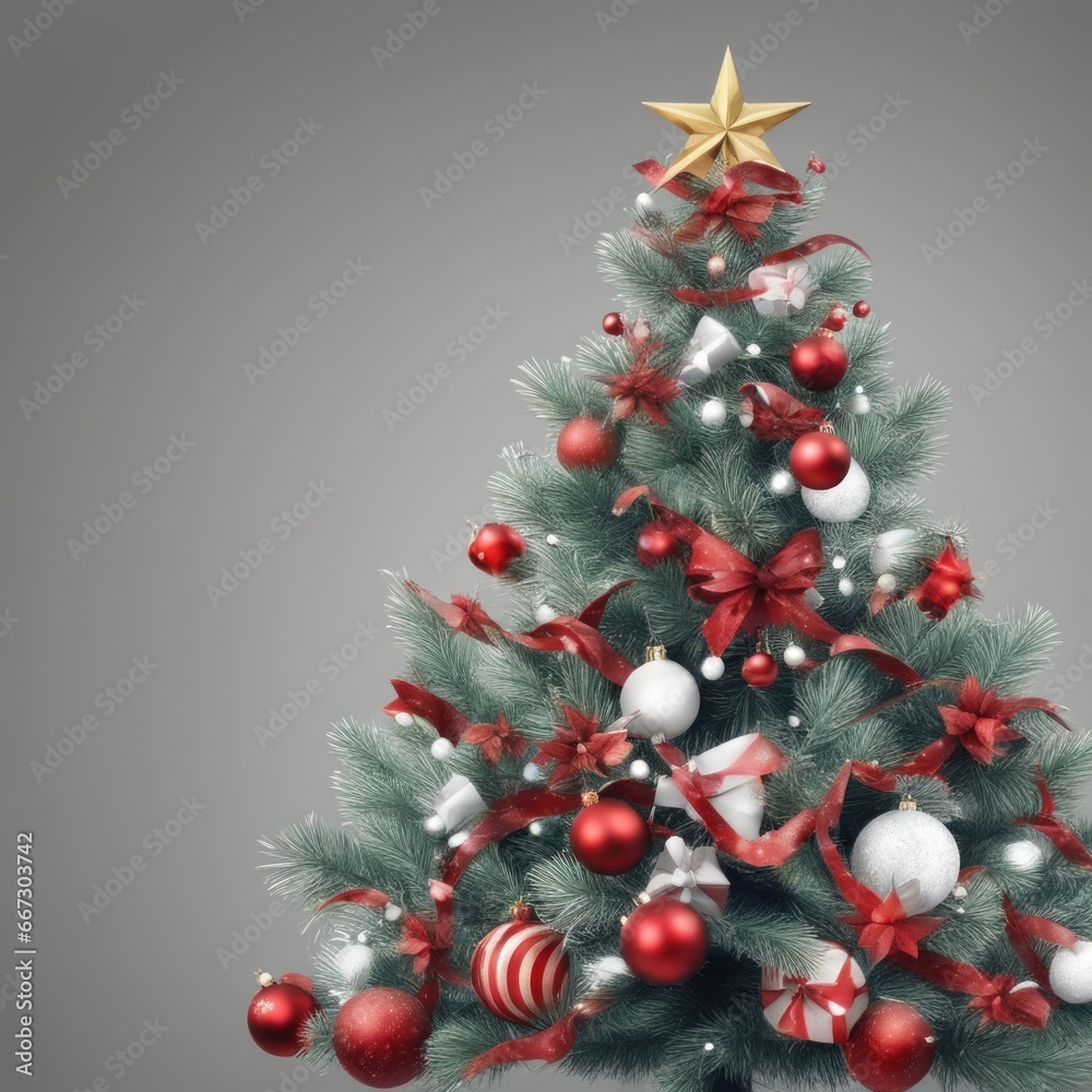 Close-UP of Christmas Tree, Red and silver Ornaments against a Defocused Lights Background