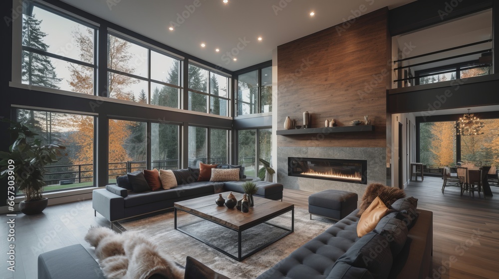 Naklejka premium Interior in luxury home. Beautiful living room interior in new luxury home with open concept floor plan. Shows wall of windows with amazing exterior, sofa & fire place. Designer concept