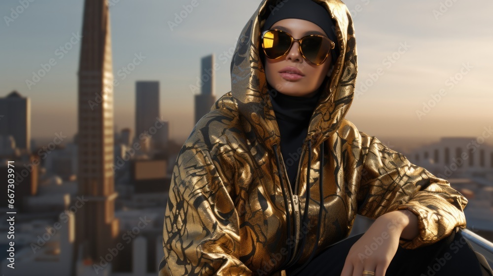 Fototapeta premium A woman in a gold jacket is sitting on a ledge with a city in the background. Generative AI.