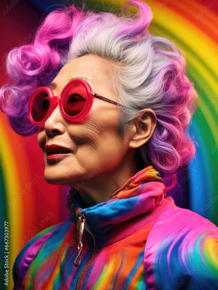 An elderly woman with pink glasses and a rainbow colored wig. Generative AI.
