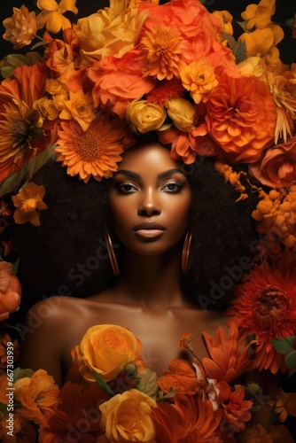 A woman with an afro is surrounded by flowers. Generative AI.