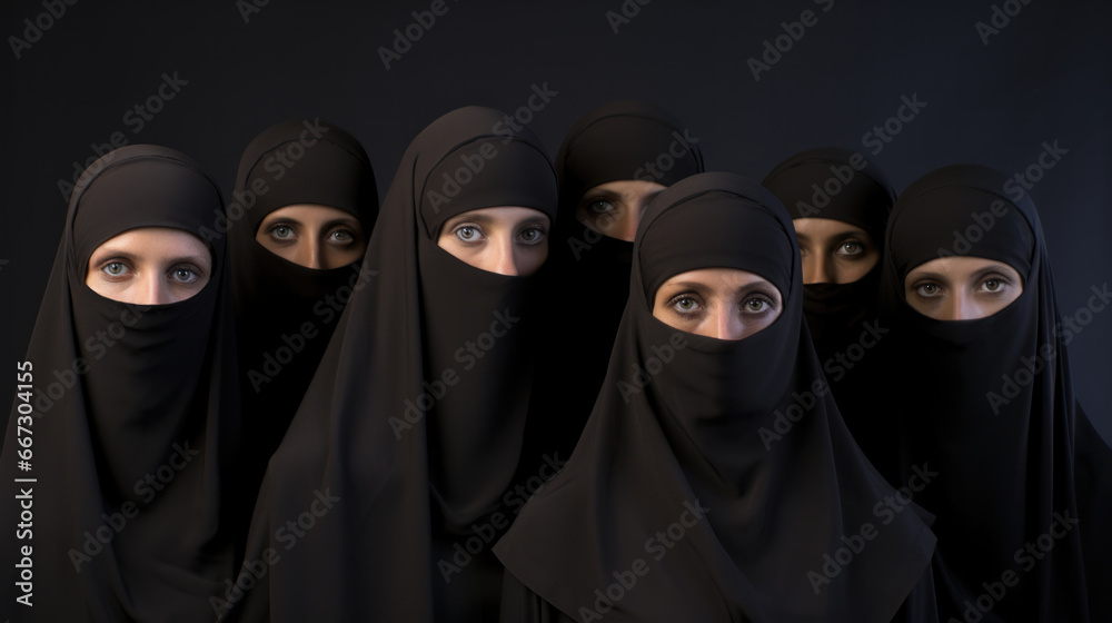 A group of women wearing black headscarves. Generative AI. A group of women wearing black headscarves. Generative AI.