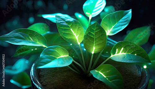 Science fiction, abstract illustration of a plant emitting light. Genetically modified plants glowing with the help of luciferin and bioluminescence.  photo