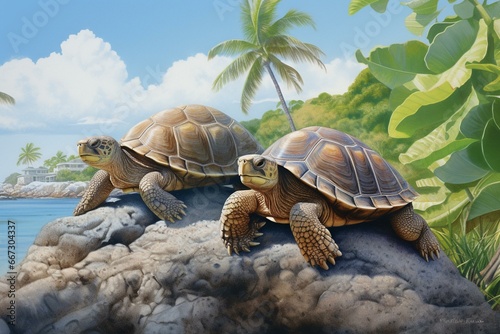 Seychelles tortoise and chuckling turtle. Generative AI photo