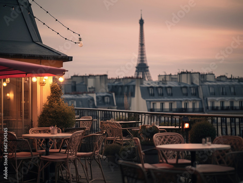 Rooftops in Paris with Eiffel Tower in the background, twilight setting, cafe tables and wine glasses subtly visible, romantic ambiance © Marco Attano