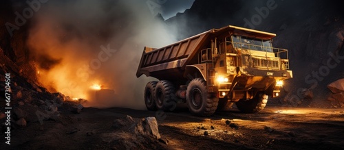 Large truck mining through open iron ore site