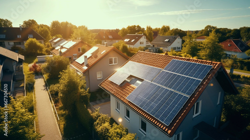 Solar panels on suburban rooftops, view from a drone, sunny day, sustainable living concept photo