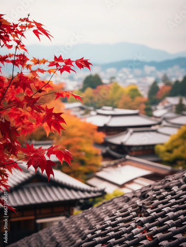 Traditional Japanese rooftops, Kyoto in autumn, red maple leaves, temples in the distance