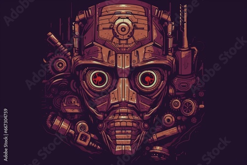 Geometric robot head with a steampunk style in a dark purple and red color scheme. Generative AI
