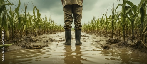 Farmer in flooded field with rubber boots and increasing crop failures due to torrential rain photo