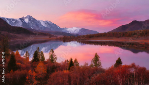 pink sky and mirror like lake on sunset with red color growth on foreground altai mountains highland nature autumn landscape photo
