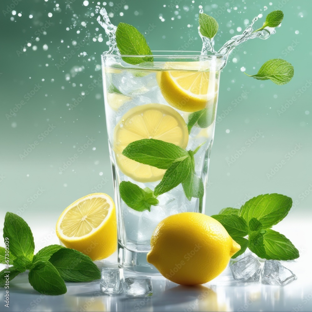 Homemade refreshing lemonade with lemon slice, mint leaves and ice cubes in a glass with kitchen blurred background, Homemade refreshing lemonade with lemon slice, mint leaves and ice cubes in a glass with kitchen blurred background,