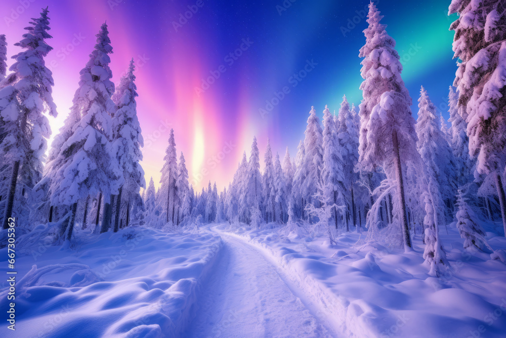 Northern lights in winter forest. Aurora borealis.