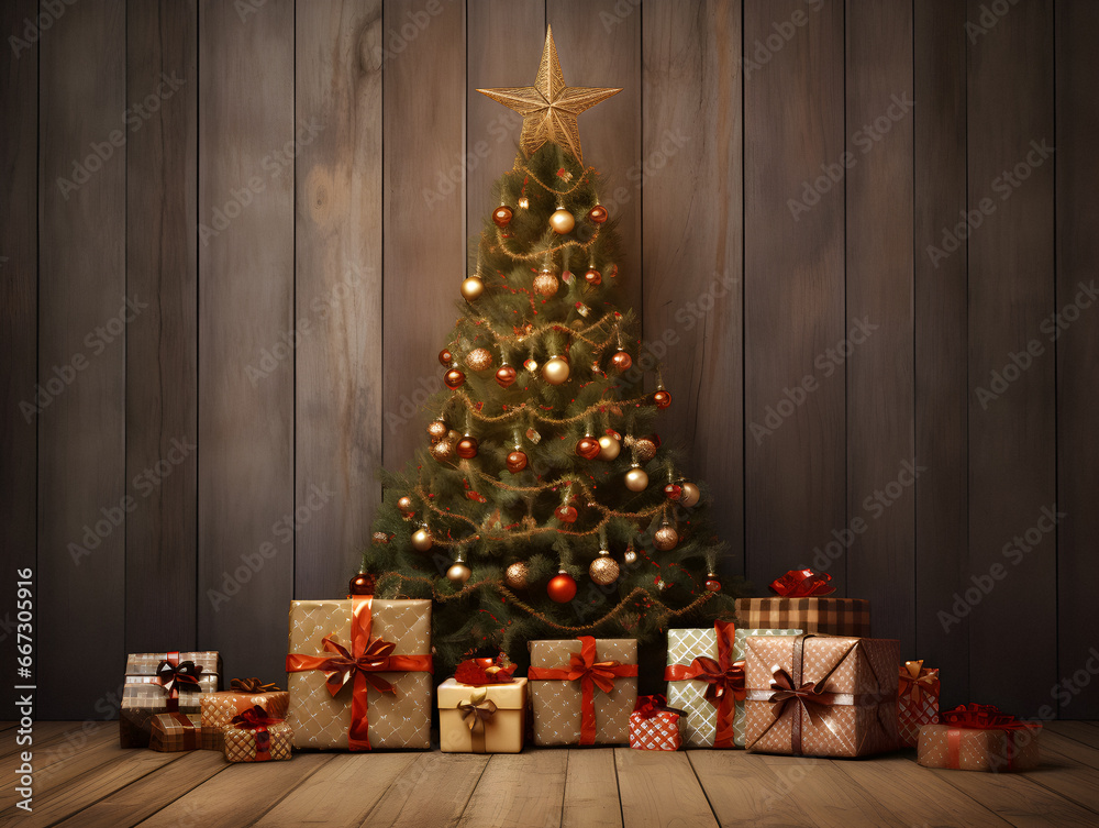 Christmas tree, Christmas gift boxes, set gifts, tree presents, decoration concept at christmas time