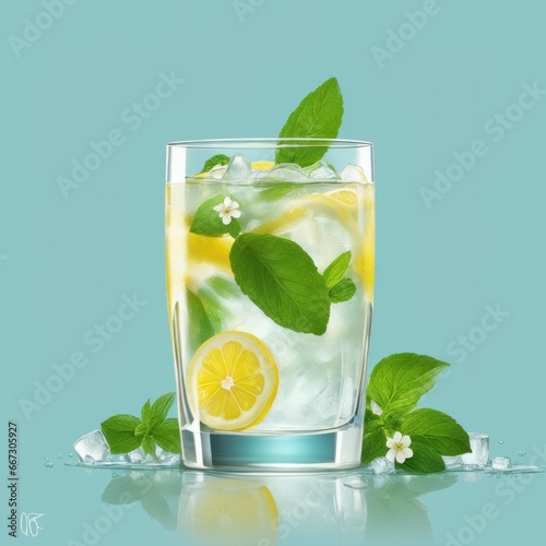 Homemade refreshing lemonade with lemon slice, mint leaves and ice cubes in a glass on a blue color background photo