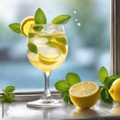 Homemade refreshing lemonade with lemon slice, mint leaves and ice cubes in a glass with kitchen blurred background, photo