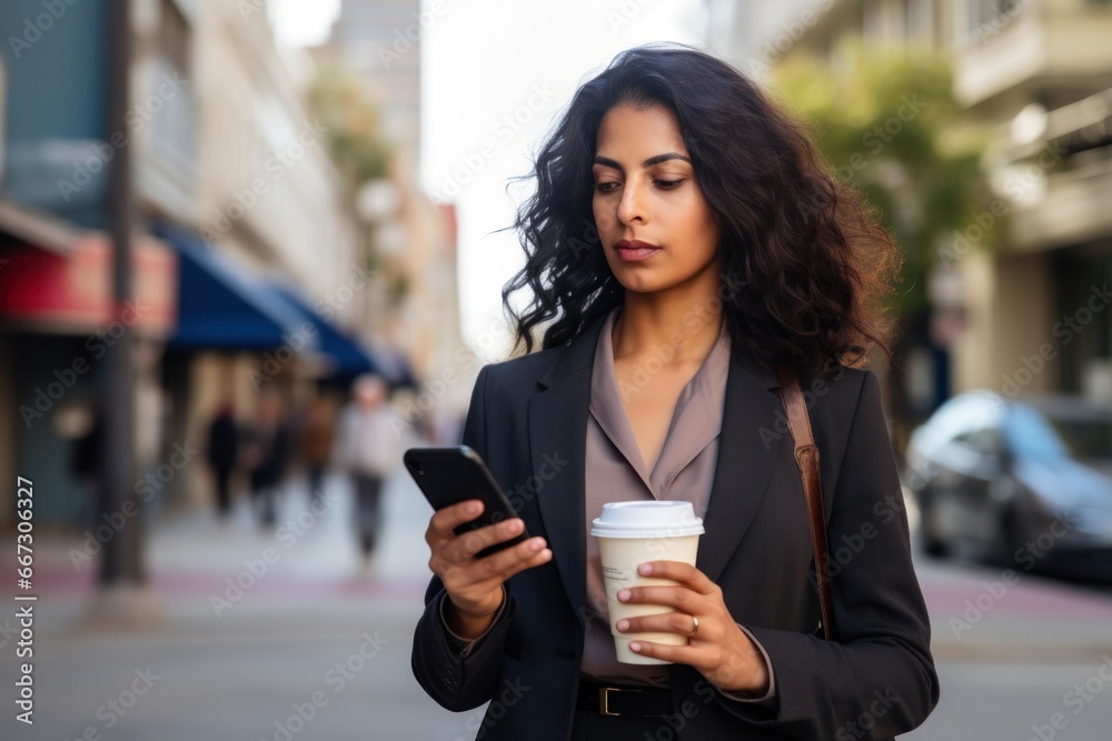 Young businesswoman walking street using smartphone