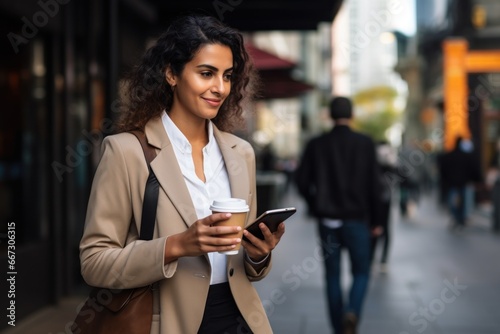 Young businesswoman walking street using smartphone