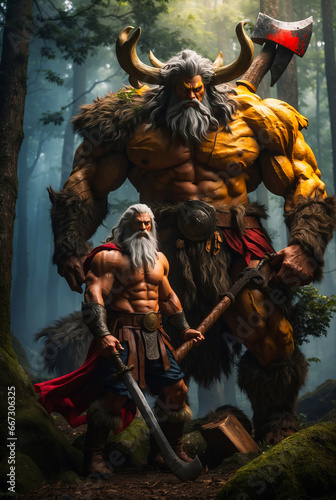 A giant and a Viking with their weapons in the forest