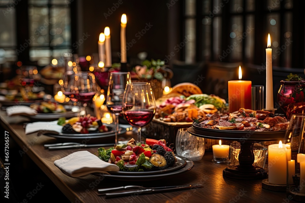 Christmas dinner. Beautiful served table with decorations, candles and lanterns. Living room decorated with lights and Christmas tree. Holiday setting