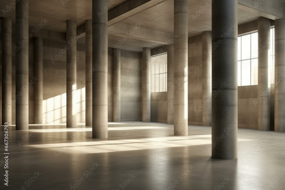 Simplistic concrete indoor space featuring columns. Generative AI