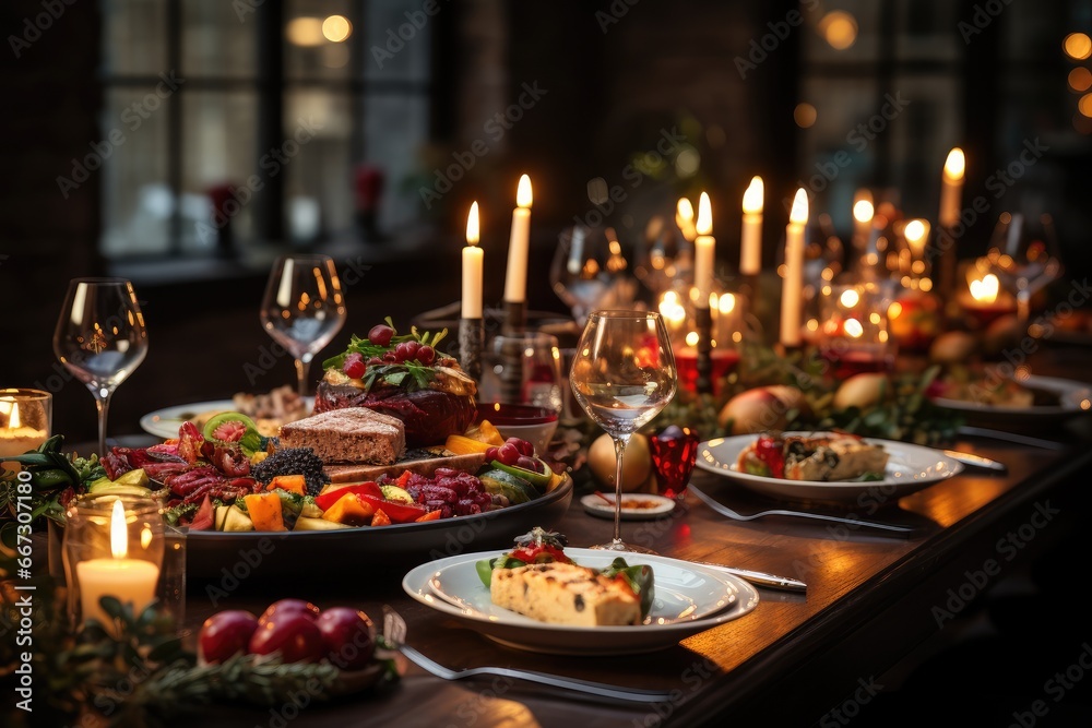 Christmas dinner. Beautiful served table with decorations, candles and lanterns. Living room decorated with lights and Christmas tree. Holiday setting