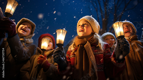 People, children and adults of different ethnicity and culture, singing christmas carols by night with candle in their hands 