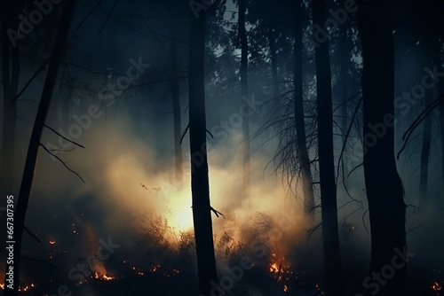 Forest fire in progress. Fire. Large flames. a threat to our environment. massive wildfire or forest fire with burning trees and orange smoke. Generative AI. © Dmytro