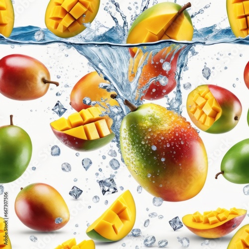 Mango halves being splashed with water