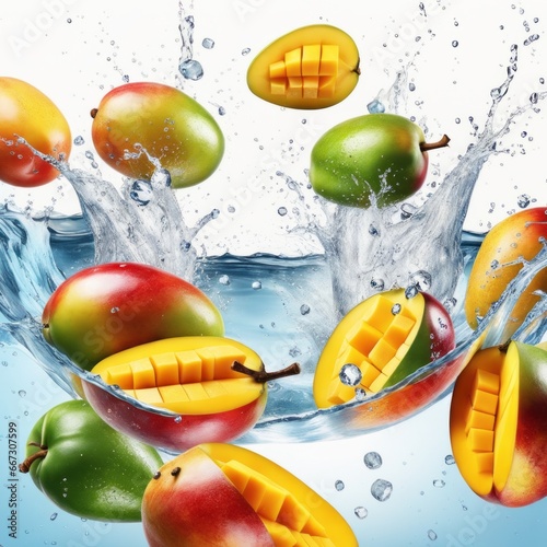 Mango halves being splashed with water