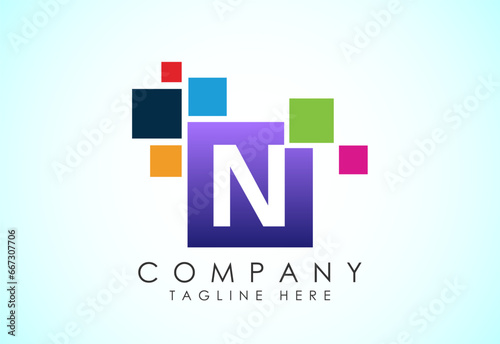 English alphabet N with data pixel. Creative technological modern data pixel logo