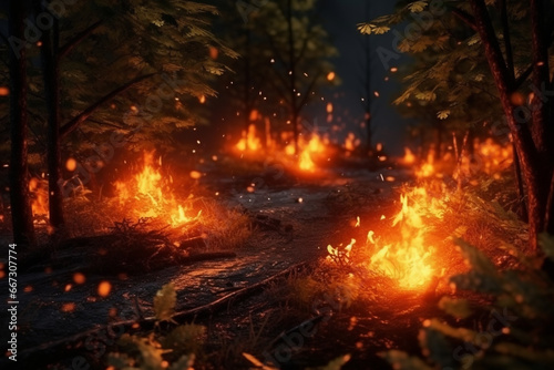 Forest fire in progress. Fire. Large flames. a threat to our environment. massive wildfire or forest fire with burning trees and orange smoke. Generative AI.