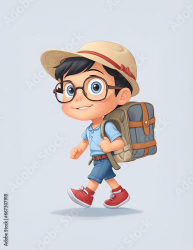 Little Boy with backpack walking on the white background.