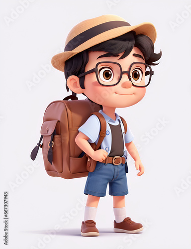 Little Boy with backpack walking on the white background.