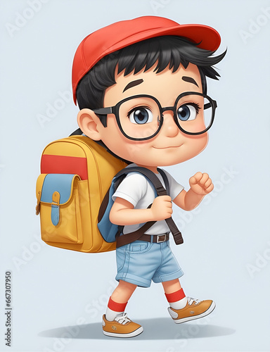 Little Boy with backpack walking on the white background.