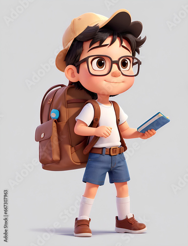 Little Boy with backpack walking on the white background.