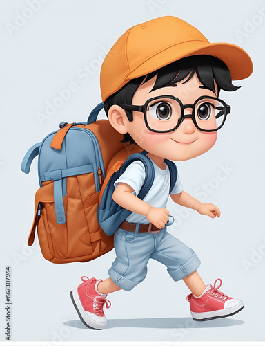 Little Boy with backpack walking on the white background.