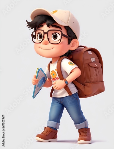 Little Boy with backpack walking on the white background.