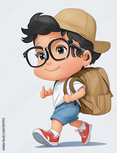 Little Boy with backpack walking on the white background.