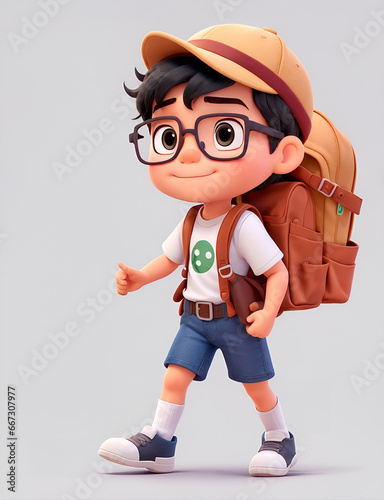 Little Boy with backpack walking on the white background.