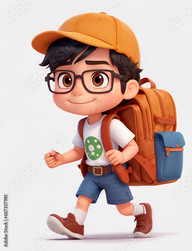 Little Boy with backpack walking on the white background.