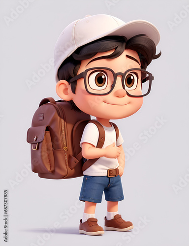 Little Boy with backpack walking on the white background.