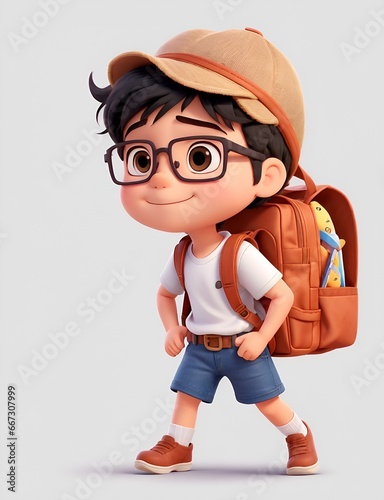 Little Boy with backpack walking on the white background.