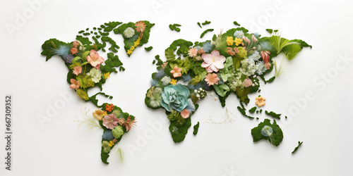 An Earth Map Composed of Vibrant Foliage, Green Moss, Colorful Flowers, and Leaves on a White Background, Representing Environmental Sustainability