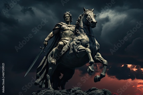 Alexander The Great statue with his horse before storm