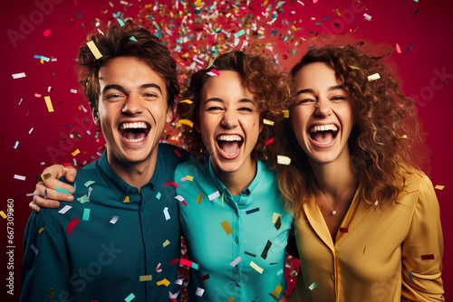 Attractive tree persons with curly hair in confetti on a minimal color background