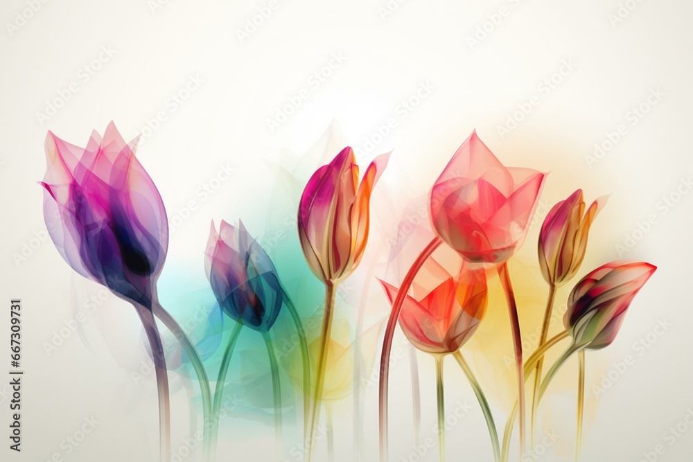 Vibrant tulip flowers in a transparent illustration. Generative AI