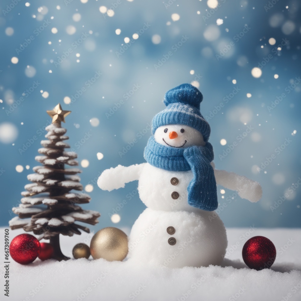 Cute snowman wearing blue scarf on a snowy area and bokeh light background